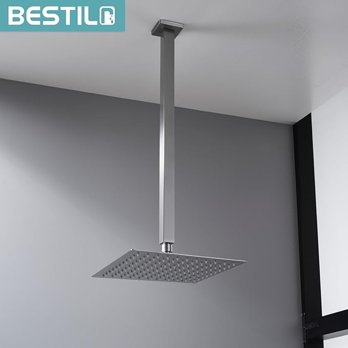BESTILL 20 Inch Brushed Nickel Ceiling Mount Shower Arm and Flange, Square Rain Shower Arm