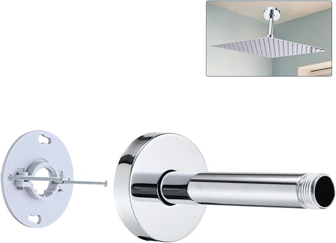 6 Inch Shower Arm with Flange and Stabilizer Bracket, Ceiling Mount Replacement Rain Shower Head 304 Stainless Steel Straight Arm For Fixed Shower Head, Chrome