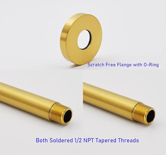 Aquaiaw Shower Arm and Anti-Scratch O-Ring Flange, Solid Brass, Both Soldered 1/2 NPT Tapered Threads, 12 inch Ceiling Mount Straight Rainfall Shower Head Arm Extension (Brushed Gold, Round)