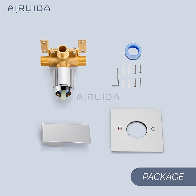 Airuida Square Single-Function Brass Faucet Shower Rough-in Valve Male Thread Bathroom Trim Kit Single Handle Tub Shower Valve 4.3 Inch Cover Plate Chrome Polish