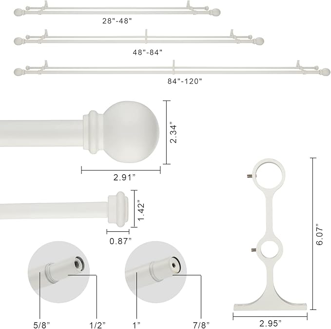 Double Curtain Rod 28 to 48 inch, Adjustable 1 inch Double Drapery Rod Rods for Windows and Doors with Ball Round Finials and Premium Aluminum Brackets Set(28-48",Matte White)