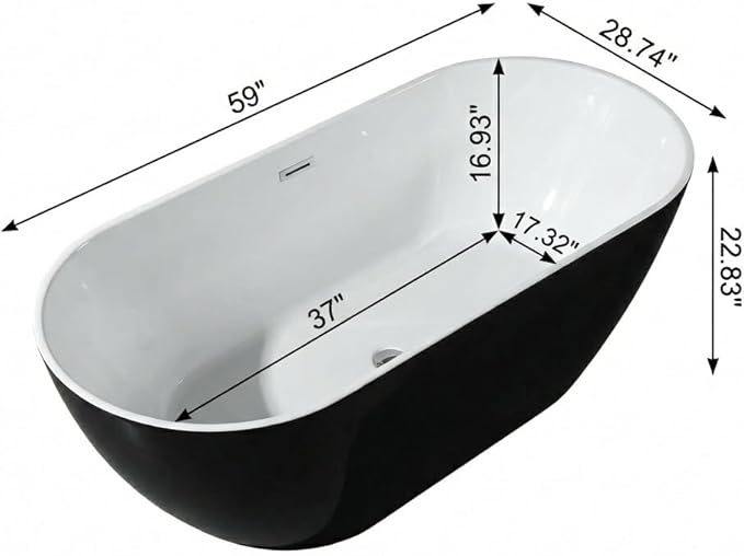 59" Freestanding Acrylic Bathtub, Deep Soaking Tub with Non-Slip Base & Chrome Drain, cUPC Certified, Black Symmetrical