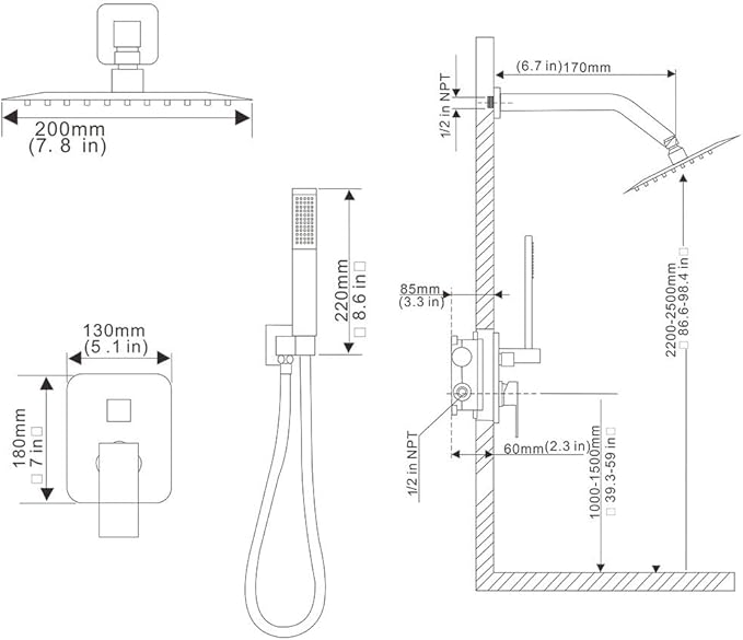 Oil Rubbed Bronze Shower System, 8 Inch High Pressure Rain Shower with Handheld, Wall Mount Shower Faucet Set for Bathroom, Rough-in Valve Body and Trim Included