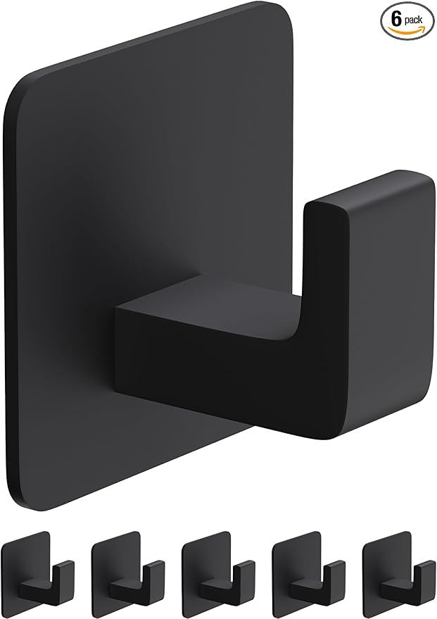 Square Self Adhesive Towel Hooks - 6 Pack Matte Black Metal Hooks, Right-Angle Design for Towels, Robes & Hats, Organize Bathroom, Kitchen, Entryway, Doors, Cabinets on Smooth Surfaces