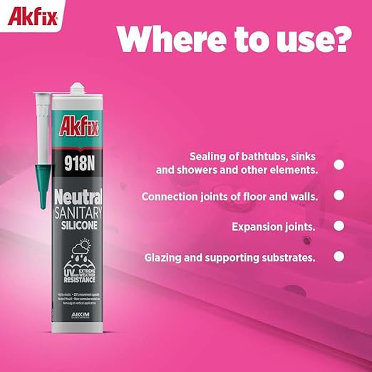 Akfix 918N Gray 100% Silicone Caulk for Kitchen and Bathroom (12x10.5 fl.oz.) - Solvent-Free, Low Odor, UV & Water Resistant, Fast Curing, Non-sag, High Elasticity Silicone Sealant | Grey, 12 Pack