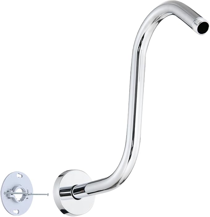 Shower Head Arm 10 Inch Chrome, S Shaped Shower Head Extender Arm with Flange and Stabilizer