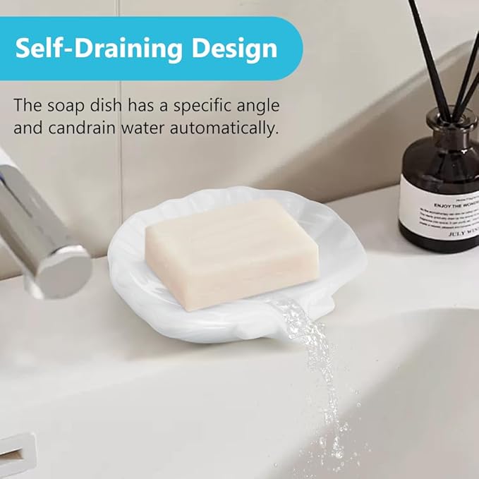 Ceramic Soap Holder, Sea-Shell Soap Tray with Self Draining, Soap Tray for Sink Washroom Bathroom Shower, Small Cute and Elegant Holder with Glaze, Easy Cleaning (White)