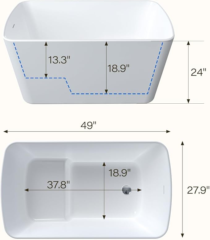 49" Acrylic Freestanding Soaking Bathtub, Matte Drain & Black Overflow, Modern Design Tub for Home Bathroom Renovations, Glossy White