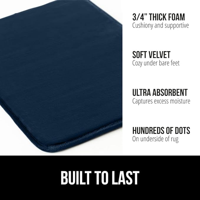 GORILLA GRIP Memory Foam Bath Rugs, Soft Absorbent Velvet Bathroom Mats, Durable Dots on Underside, Machine Washable Bathmat, Carpet Rug Room Decor for Shower Floor, 48x24 Mat, Navy Blue