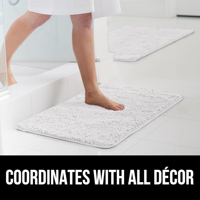 GORILLA GRIP Bathroom Rug Sets 3 Piece, Bath Mat Set and Oval Toilet Base with Rubber Backing, Plush Absorbent Shaggy Chenille Washable Mats, Includes 24x19.5, 24x17 and 36x24 Inch Rugs, White