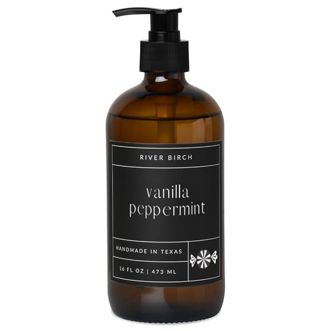 River Birch Vanilla Peppermint Scented Natural Hand Soap - Handmade Soap - Moisturizing Hand Wash with Amber Glass Dispenser - Luxury Scented Hydrating Hand Soap - Vegan and Non-Toxic - 16 Fl Oz