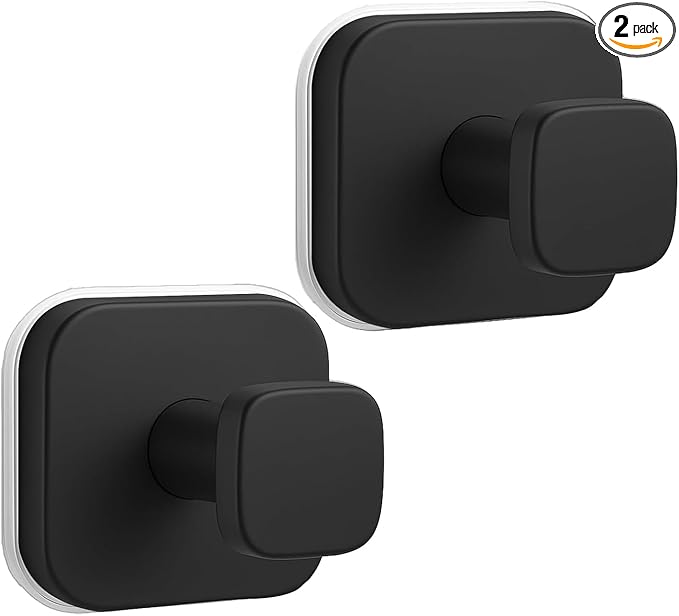 2Pcs Square Suction Cup Hook, 304 Stainless Steel Shower Hook, Removable Suction Cup Knob for Shower, Bathroom, Kitchen, Glass Door, Mirror (Black)
