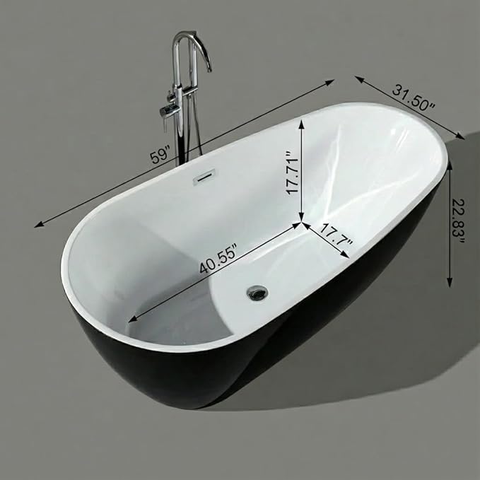 Bathtub with Upturned Ends, CUPC Chrome Drain and Overflow, White Interior and Black Exterior, Built-in Overflow, Fiber-Coated Fixing Bracket