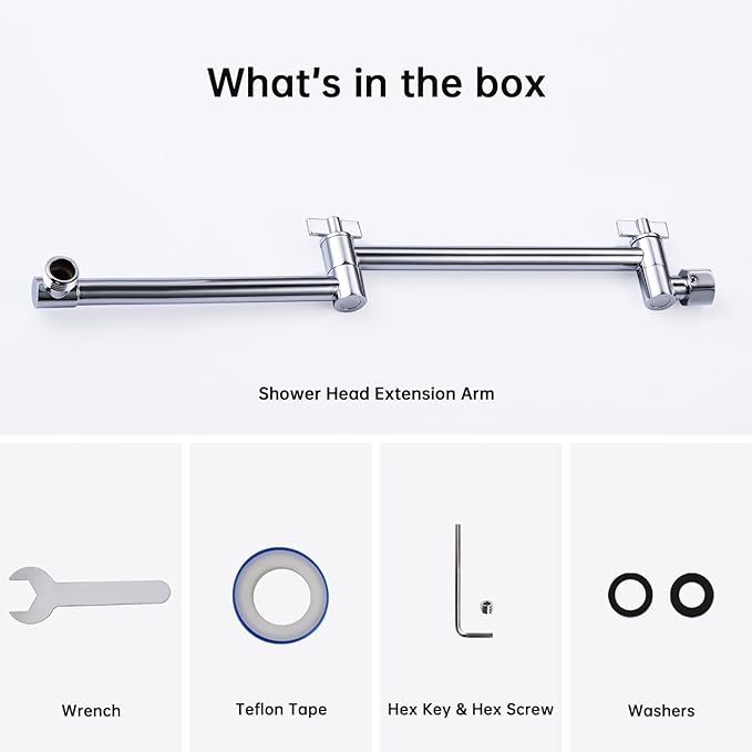G-Promise 16 Inch Shower Head Extension Arm, Solid Brass Height & Angle Adjustable Extender, Rise or Lower Rainfall and Fixed Shower Head (Chrome)