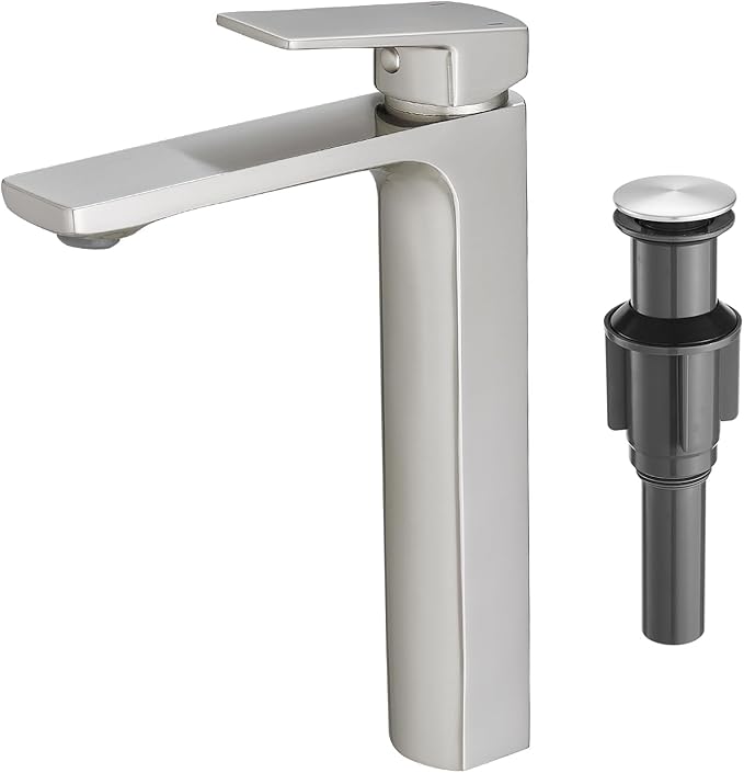 VOTON Brushed Nickel Vessel Sink Faucet Single Handle Tall Bathroom Sink Faucet Vanity Bathroom Faucet Basin Mixer Tap with Water Supply Hose and Pop Up Sink Drain