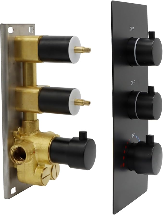 HOMEDEC 2 Way Shower Diverter Valve Brass Dual Functions Thermostatic Shower Mixing Valve Kit 3 Handle Flow Control Valve, 3/4 Inch Inlet, Can Use All Options At a Time, Matte Black
