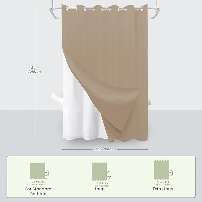Inhousolu No Hook Waffle Weave Shower Curtain with Removable Snap in Fabric Liner Set for Bathroom, 230 GSM Heavy Duty Weighted Hem, Water Repellent Washable Bath Curtains, 72 x 84 Inch, Beige