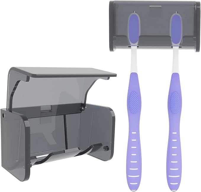 Toothbrush Holder Wall Mounted with Cover for Bathroom, 2 Slots Toothbrush Storage Organizer for Shower, Self Adhesive Toothbrush Hanger Rack for Dorm, Cabinet (Grey)