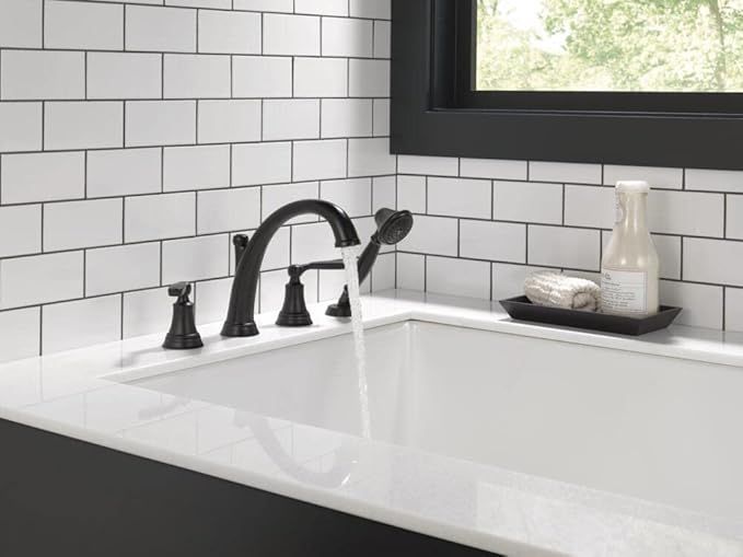 Delta Woodhurst Roman Tub Faucet with Hand Shower, Matte Black Deck Mount Bathtub Faucet, Matte Black T4732-BL (Valve Sold Separately)