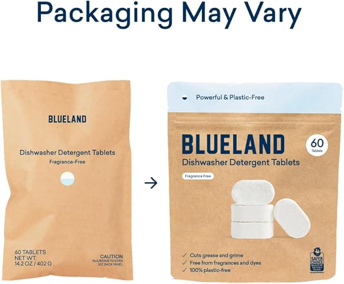BLUELAND 100% Plastic-Free Dishwasher Detergent Tablets, 60 Count, Free & Clear, Eco-Friendly Dishwashing Pods, Natural, USDA Certified biobased