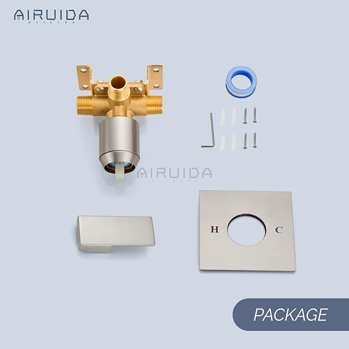 Airuida Square Single-Function Brass Faucet Shower Rough-in Valve Male Thread Bathroom Trim Kit Single Handle Tub Shower Valve 4.3 Inch Cover Plate Brushed Nickel