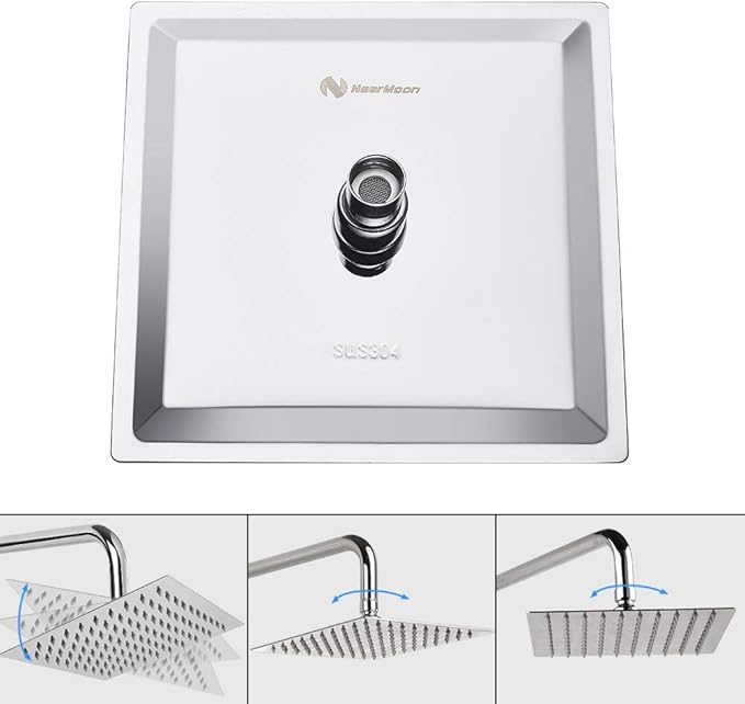 NearMoon Square Rain Shower Head With Extension Arm, Large Stainless Steel Rainfall Shower-Waterfall Full Body Coverage (8 Inch, Chrome)
