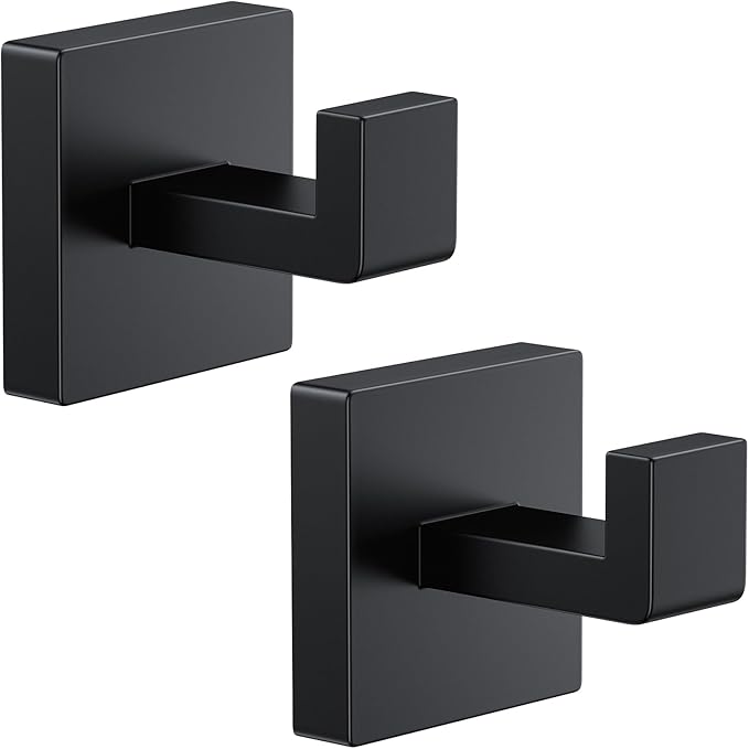 Kruodop 2 PCS Towel Hooks for Bathroom, Wall Mount Towel Holder, Black Matte Wall Robe Hook,Square Stainless Steel Door Hanger Towel Hook for Kitchen, Bedroom,Hotel,Pool,Coats