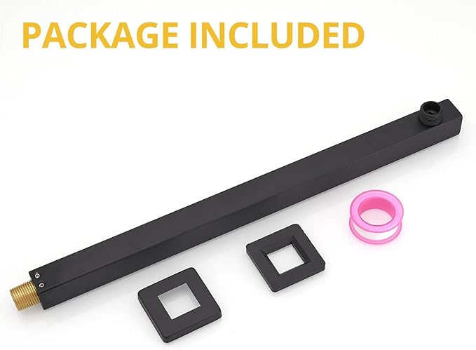 BESy 16 Inches Straight Extended Shower Arm With Flange, Rain Shower Head Extension Arms, Square Shower Rod Shower Head Extender Arm Shower Pipe Extension, Wall-Mounted Matte Black Stainless Steel