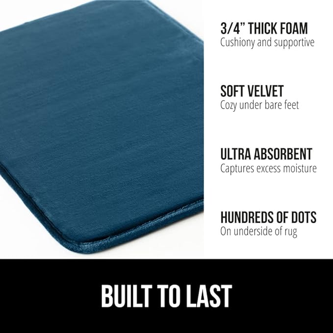 GORILLA GRIP Memory Foam Bath Mat, Soft Absorbent Velvet Bathroom Mats, Durable Dots on Underside, Machine Washable Bathmat, Carpet Rug Room Decor for Shower Tub Floor RV, 42x24 Rugs, Blue