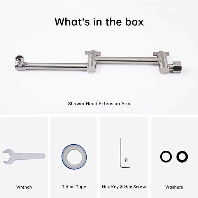 G-Promise 13 Inch Shower Head Extension Arm, Solid Brass Height & Angle Adjustable Extender, Rise or Lower Rainfall and Fixed Shower Head (Brushed Nickel)