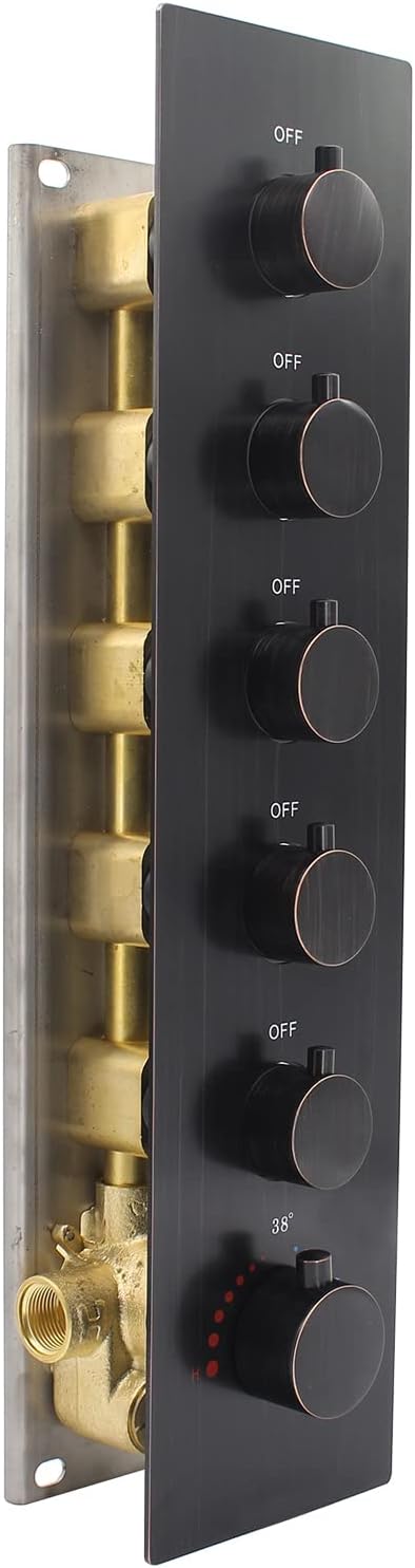Can Run All Functions Together 5-Way Shower Diverter Valve Kit, HOMEDEC Concealed Brass Thermostatic Mixer Valve Handles Control Outlets Shower Flow(Oil Rubbed Bronze, Vertical installation)