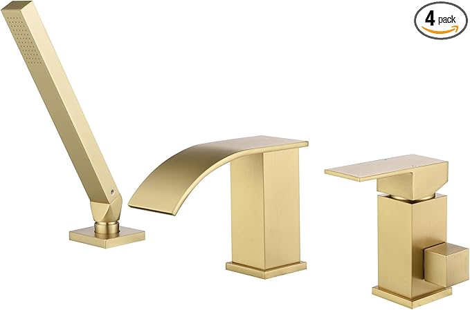TapLong Waterfall Roman Tub Faucet with Hand Shower, Deck Mount 3 Hole Bathtub Faucet Set High Flow Bath Tub Faucet Set Deck Mount Solid Brass, Brushed Gold，03766BG