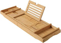 Expandable Bath Tray, Wooden Bathtub Tray Caddy with Solid Wood Bookend, Phone Card Slot, Movable Bamboo Tray
