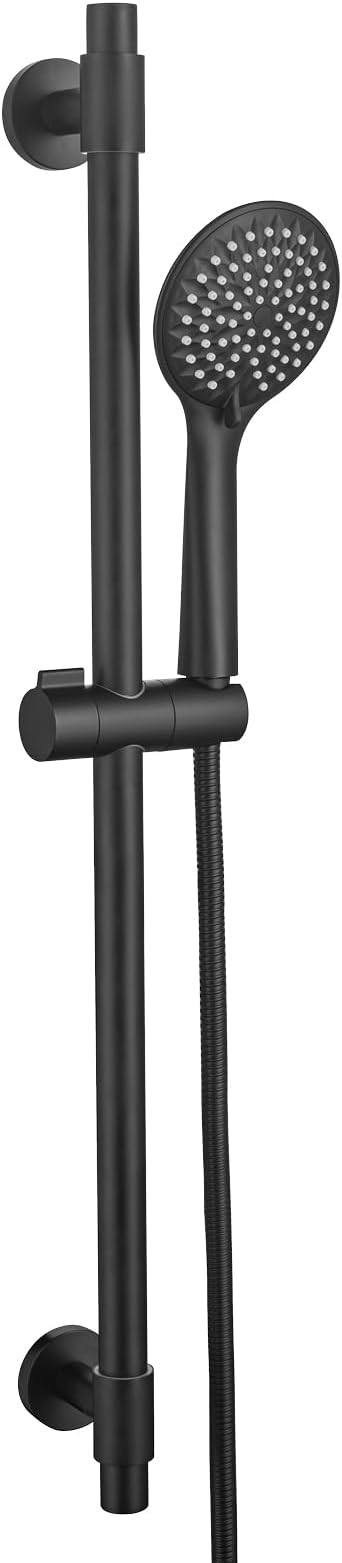 Adjustable Shower Slide Bar with 5-Function Handheld Shower Head, Stainless Steel Grab Slide Bar Combo with Extra Hose (Matte Black)