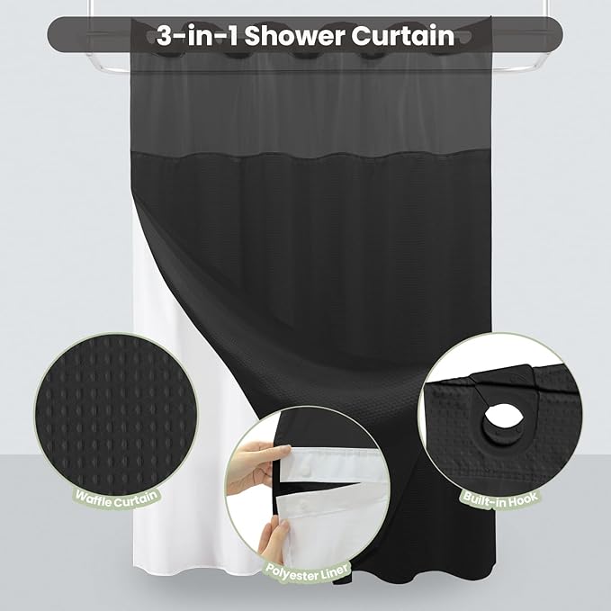Inhousolu Stall No Hook Shower Curtain with Snap in Fabric Liner Set Waffle Weave 230GSM Weighted Hem, Waterproof & Washable Bathroom Curtain Spa Luxury with Mesh Top Window 36" W x 72" L Black