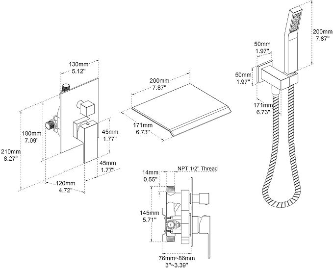 Wall Mount Tub Filler Waterfall Tub Faucet Black Bathtub Faucet Brass Single Handle Bathroom Faucet with Hand Shower