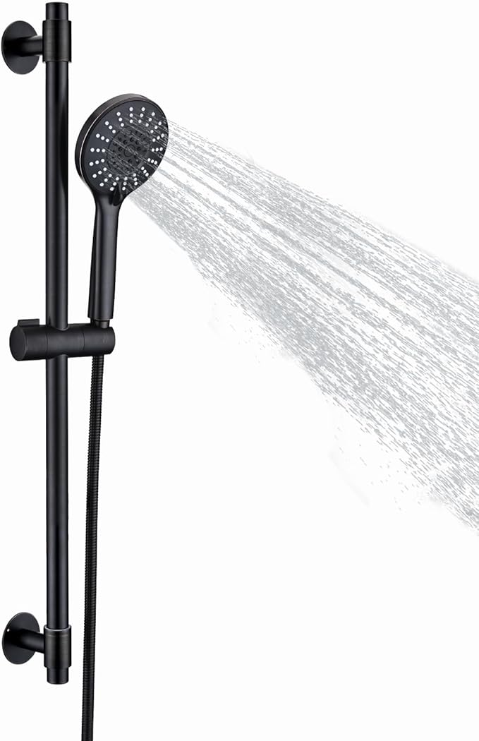 Adjustable Shower Slide Bar with 5-Function Handheld Shower Head, Stainless Steel Drill-free Mounted Slide Bar Combo with Extra Hose (Oil Rubbed Bronze)