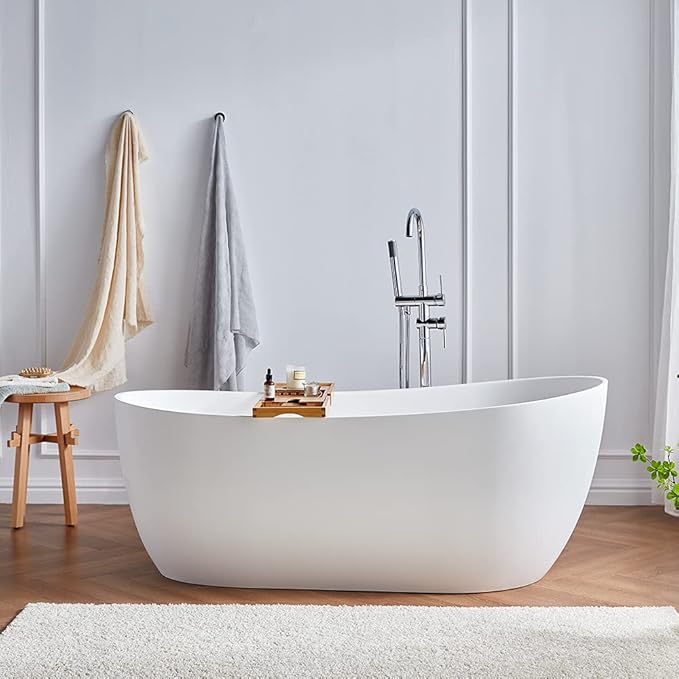 Cpingao (66.9"Lx31.5"Wx25.1"T) Matte White Stone Resin Solid Surface Freestanding Bathtub, Modern Stand Alone Soaking Tub with Overflow and Pop Up Drain,One-Piece Molding 8828