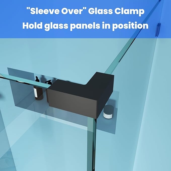 Shower Door Hardware Kit for Frameless Corner Shower Setup, Includes Hinges, Square Pull Handles, U-Clamps and Connector, for 5/16"–3/8" Glass, Bathtub or Standing Shower Use, Matte Black