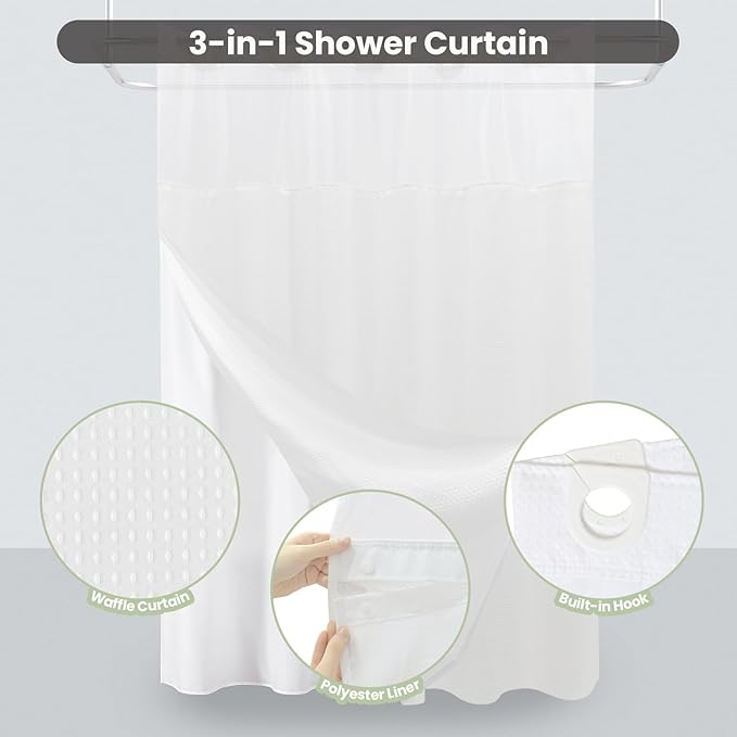 Inhousolu Long No Hook Shower Curtain with Snap in Fabric Liner Set Waffle Weave 230GSM Weighted Hem, Waterproof & Washable Bathroom Curtain Spa Luxury with Mesh Top Window 72" W x 78" L White