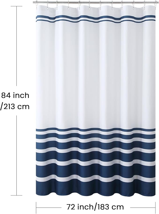 Extra Long Blue and White Striped Shower Curtain 72x84 Inches, Waterproof Fabric with Modern Gradient Lines, 12 Rustproof Grommets & Weighted Hem