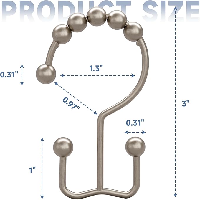 Titanker Shower Curtain Hooks Rings, Rust Resistant Metal Double Glide Shower Hooks Rings for Bathroom Shower Rods Curtains, Set of 24 Hooks - Matte Nickel