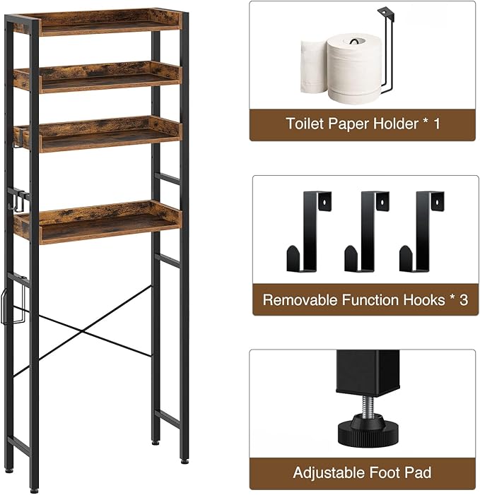 Rolanstar Over The Toilet Storage Rack, 3-Tier Bathroom Space Saver with Adjustable Shelves, Bathroom Organizer for Bathroom, Washroom, Rustic Brown