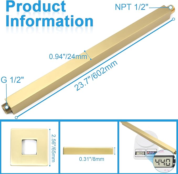 Shower Arm with Flange 24 Inches Ceiling Mount Square Straight Extender Extension Pipe Replacement, Extra Long Shower Arm For Fixed Rain Shower Head or High Ceiling,Brushed Gold