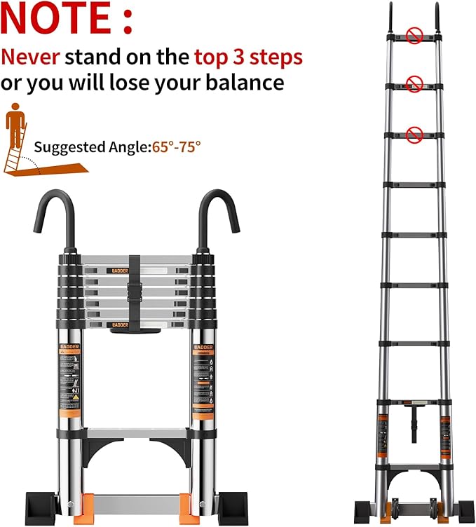 Telescoping Ladder,with Stable Hook and stabilizer barand,13.5FT Extension Ladder, Heavy Duty 330lbs Max Capacity, Multi-Purpose Collapsible Ladder for RV or Outdoor Work (4.1M/13.5FT)