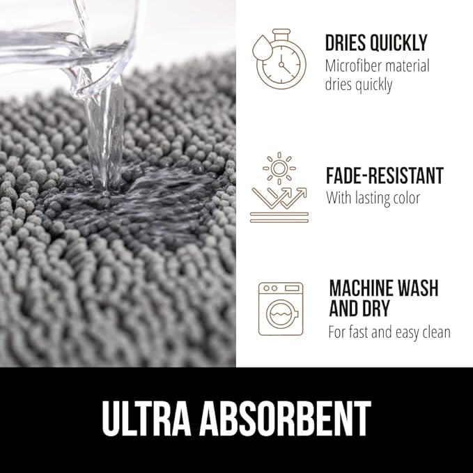 GORILLA GRIP Bath Rug Mat, Thick Soft Absorbent Chenille, Quick Dry Microfiber Mats, Rubber Backing Washable Shower Floor Rugs, Bathmat Runner, US Designed Bathroom Home Decor Accessories 24x17, Grey