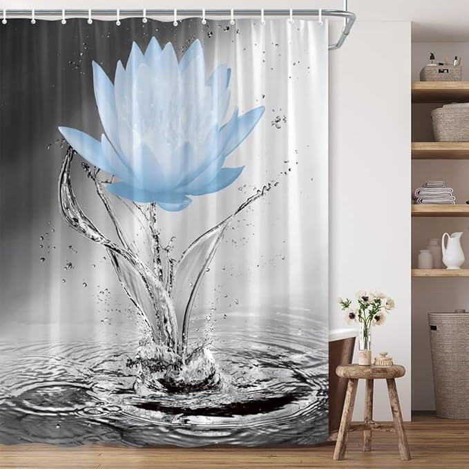 Lotus Shower Curtain Black White Grey Blue Flower Elegant Blooming Floral with Dew Spring Flower Reflection on Water Modern Romantic Polyester Fabric Bathroom Decor 70×90 Inch with Hook