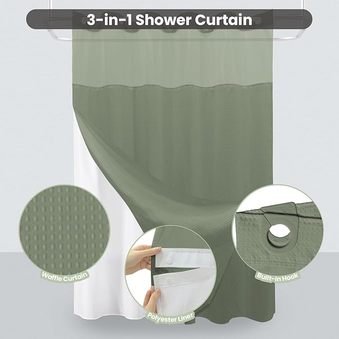 Inhousolu Stall No Hook Shower Curtain with Snap in Fabric Liner Set Waffle Weave 230GSM Weighted Hem, Waterproof & Washable Bathroom Curtain Spa Luxury with Mesh Top Window 60" W x 72" L Sage Green