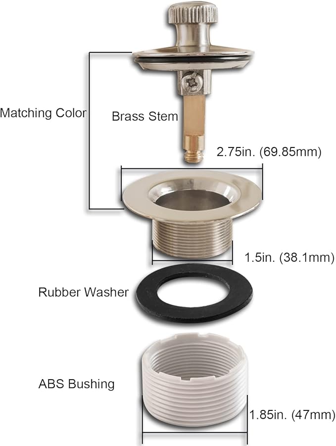 Lift and Turn Bathtub Drain Stopper with ABS Plastic Bushing, Fits in 1-1/2 Inch or 1-3/8 Inch Inner Bathtub Shoe, Easy to Install, Satin Nickel