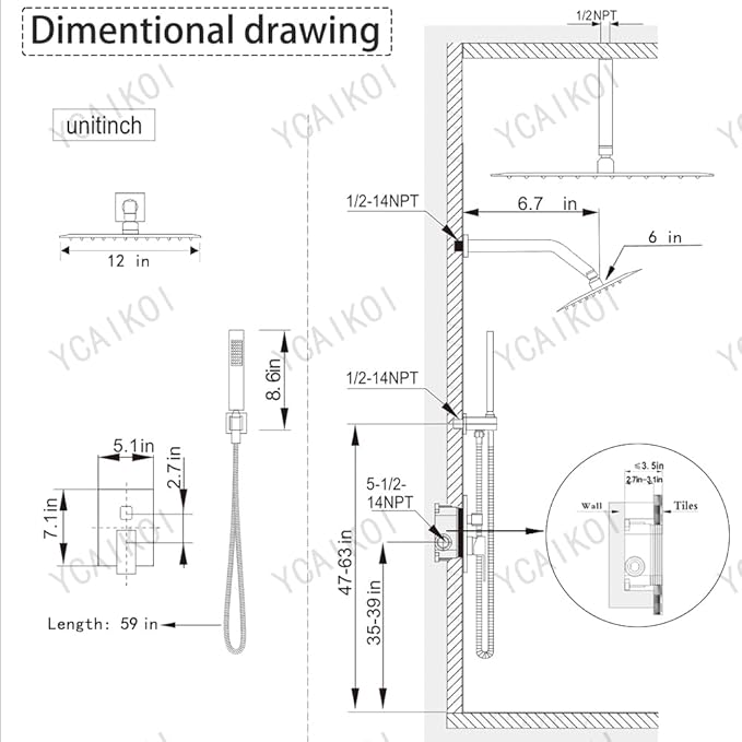 Shower Faucet Set Brushed Nickel Shower System, Knob Switch Diverter Shower Faucet with High Pressure Handheld Spray, Ceiling Mount 12 Inch Shower Head with 6 Inch Wall Mount Shower Head